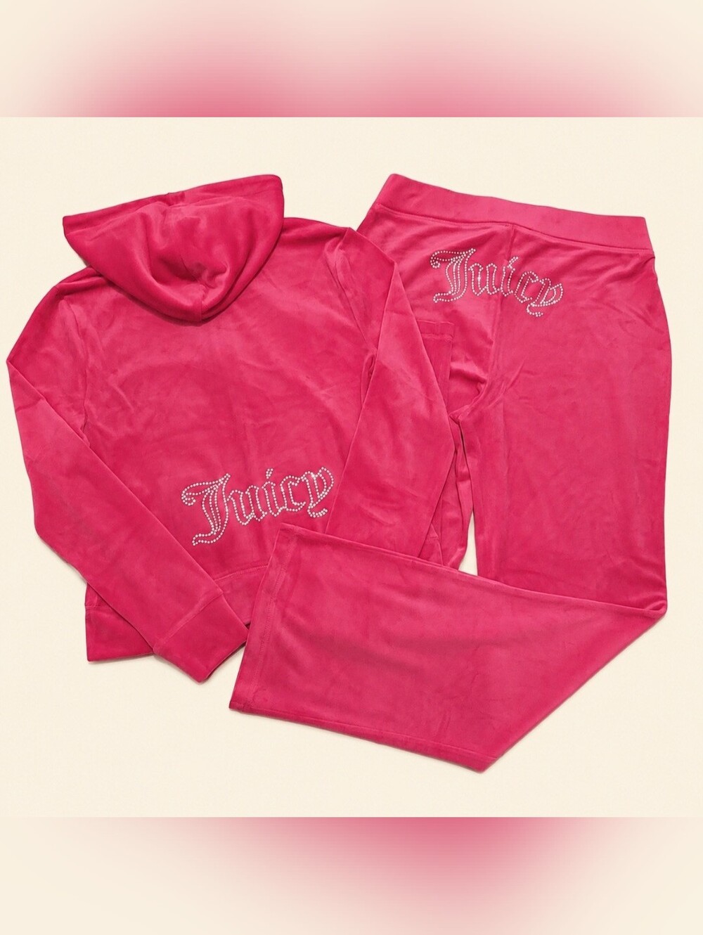 Juicy Couture Pink Velour Hallow Rhinestone Logo Zip Hoodie & Pants Set - M
